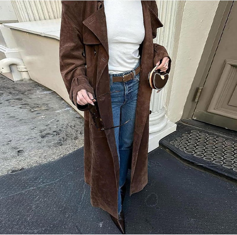 utcoco Womens Faux Suede Long Trench Coat Notched Lapel Double Breasted Pea Coat Overcoat with Belt - Image 3